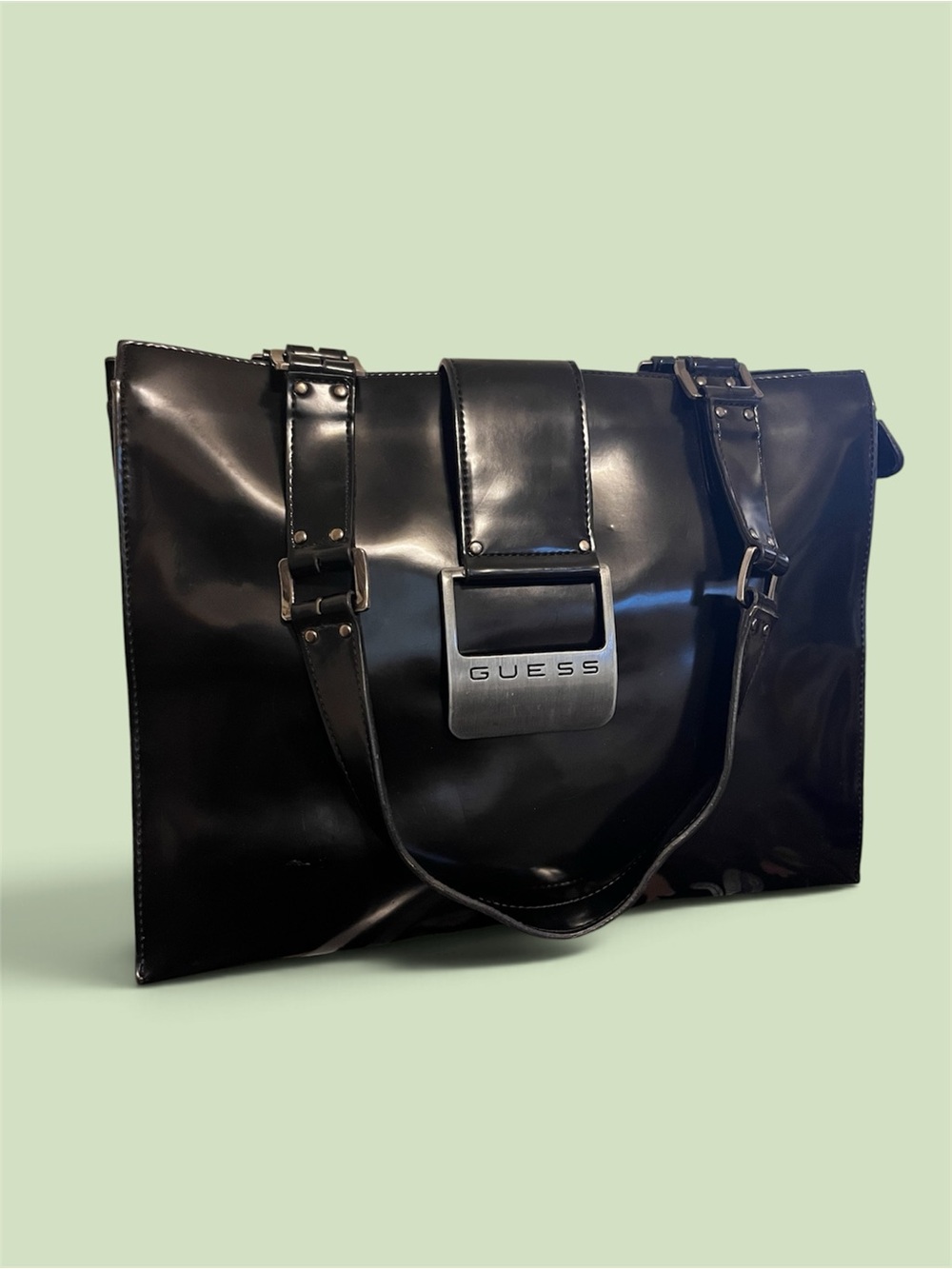 Y2K Guess, Black Glossy Satchel with Brushed Silver Logo Plate